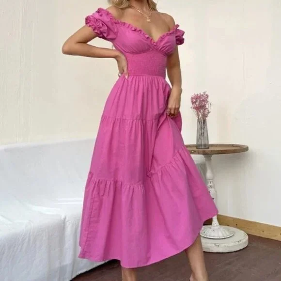 Pink Boho Off Shoulder Flounce Sleeve shabby chic Shirred cottagecore Max… - Picture 2 of 5